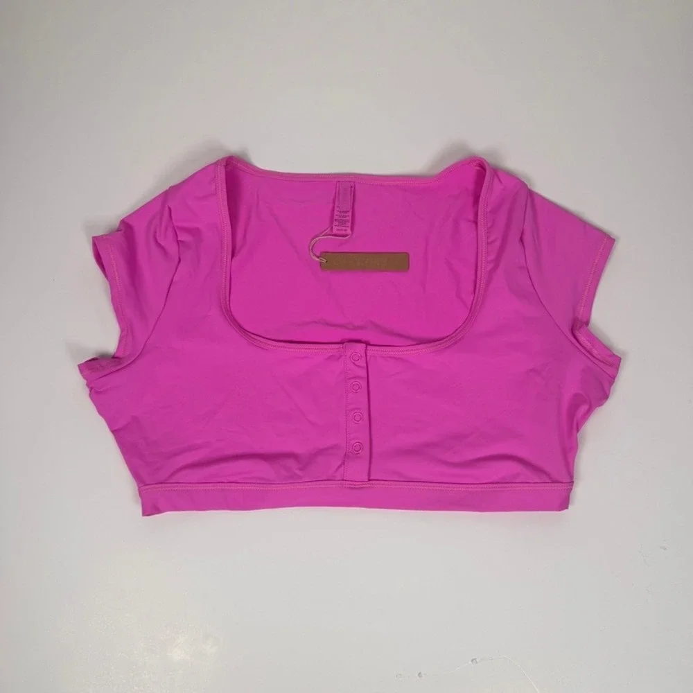 SKIMS Recycled Swim Super Cropped T-Shirt Neon Orchid Pink Henley 2X NEW